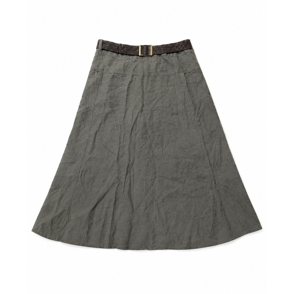 *NWT* For Cynthia 100% Linen Sz L Olive Green A-Line Belted Skirt Boho Classic